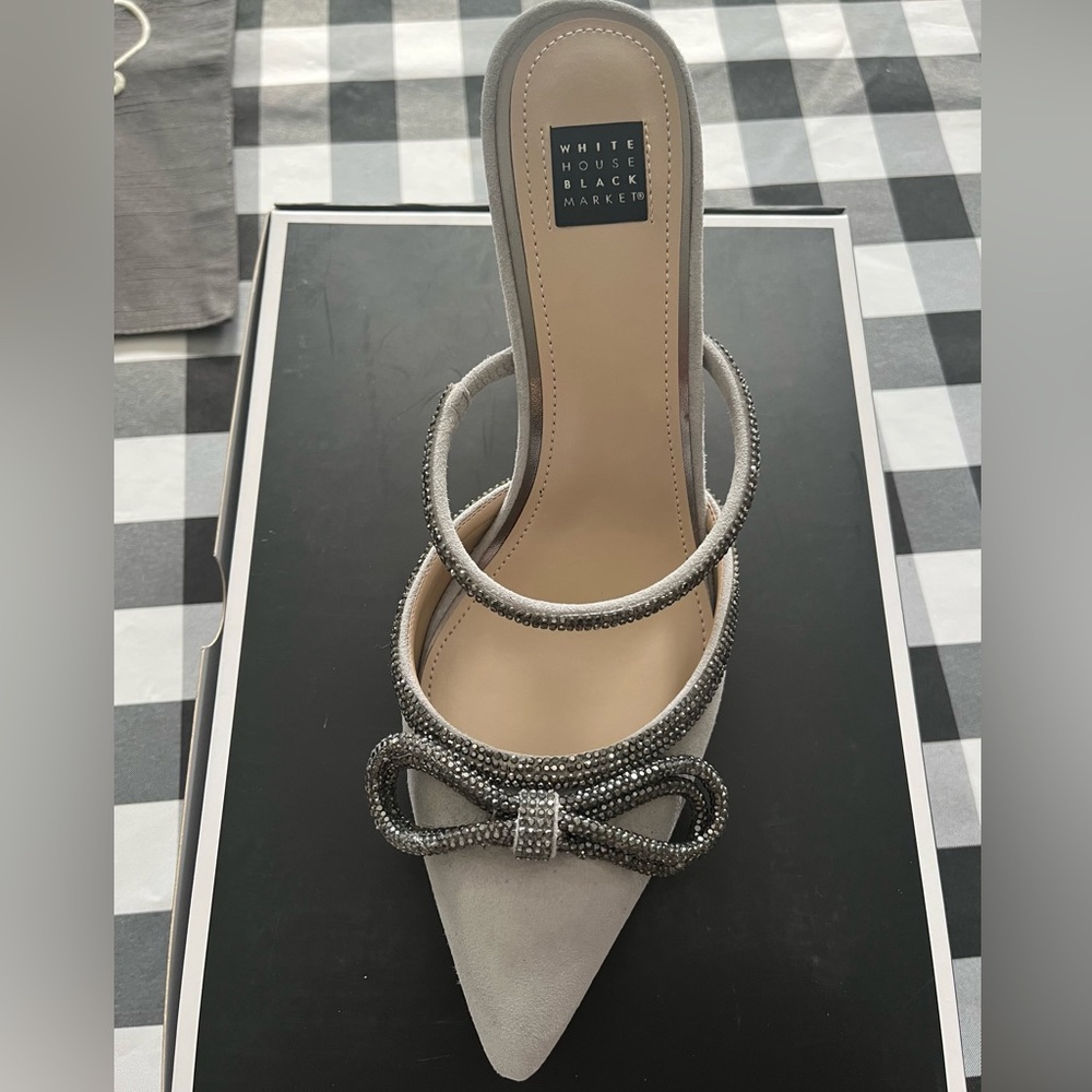 White House Black Market Stasia gray suede rhinestone bow heels